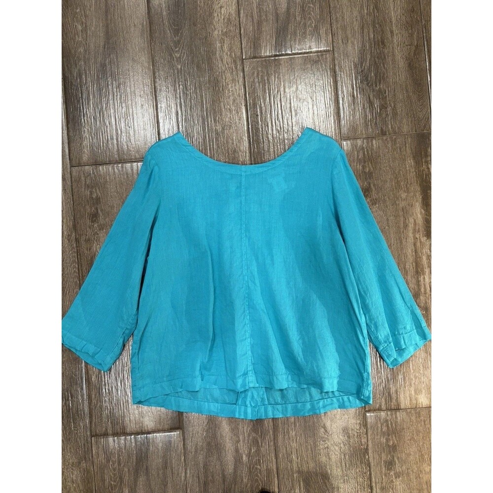 Women’s M  100 % Linen Teal Blouse 3/4 Sleeve‎ Button Detail Top Summer Natural